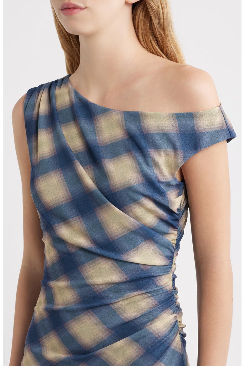 Delores Off the Shoulder Midi Dress, Alternate, color, NAVY SAGE PLAID