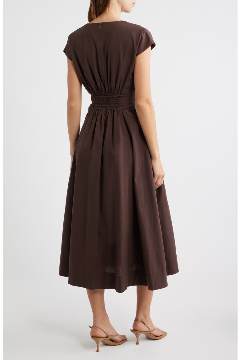 Pleated V-Neck Midi Dress, Alternate, color, DARK BROWN