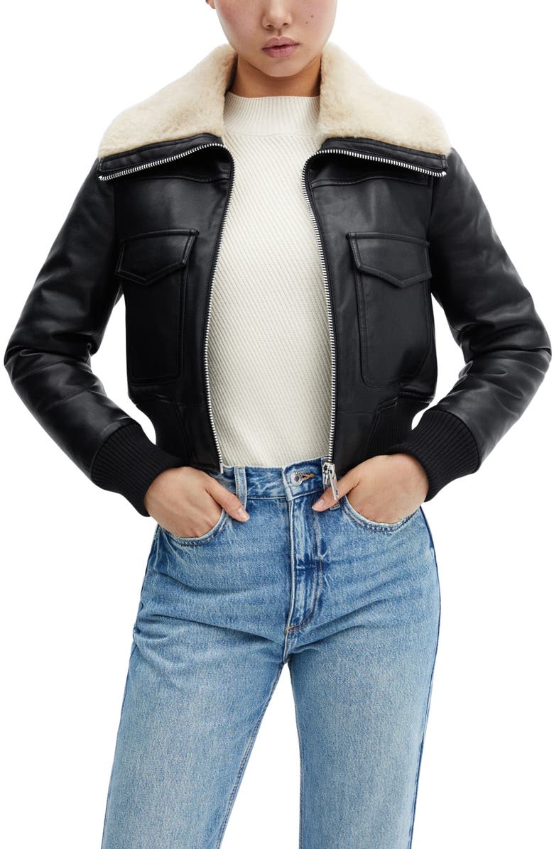 MANGO Faux Leather & Faux Fur Bomber Jacket, Main, color,