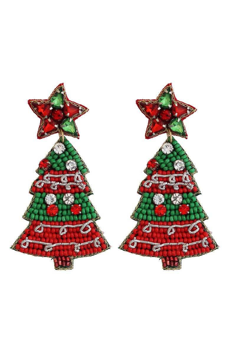 Panacea Beaded Christmas Tree Drop Earrings, Main, color, Red