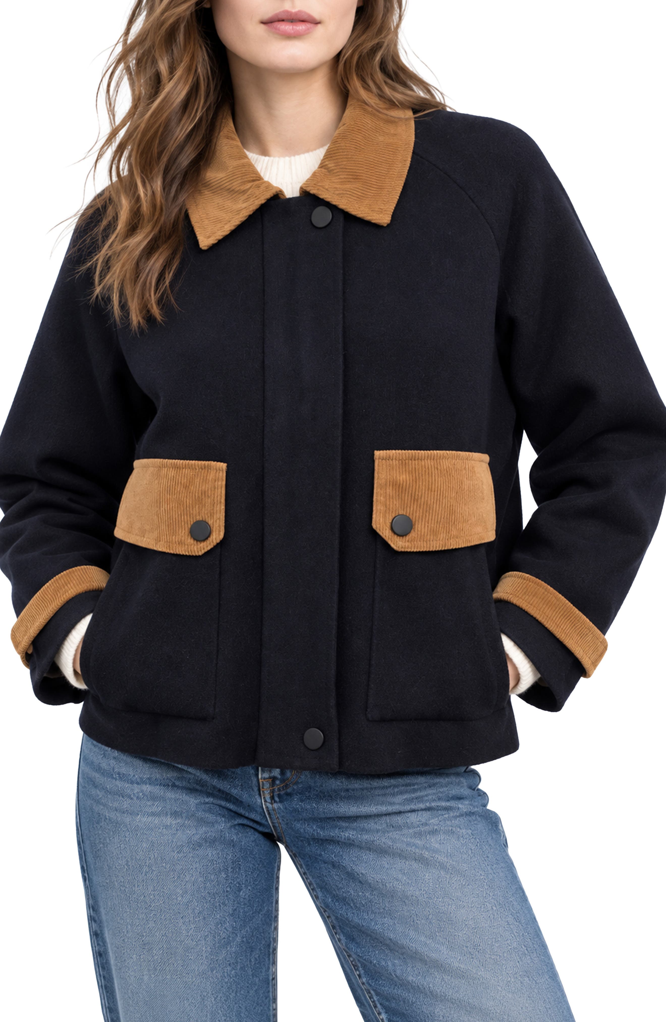 Wilton Corduroy Trim Double Knit Sweater Jacket