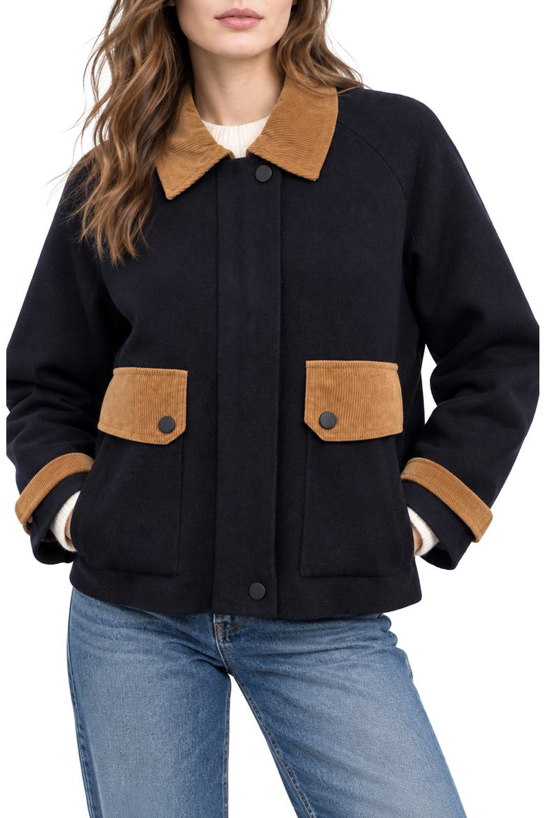 Wilton Corduroy Trim Double Knit Sweater Jacket, Main, color, BLACK/ CINNAMON