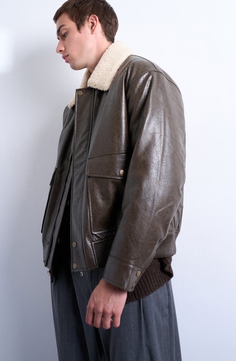 Topman Faux Shearling & Faux Leather Bomber Jacket, Main, color, Brown
