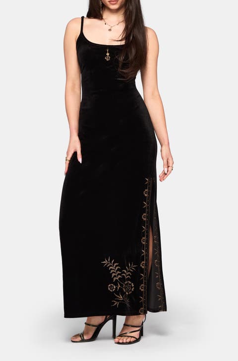 Kobra Embroidered Velour Maxi Slip Dress