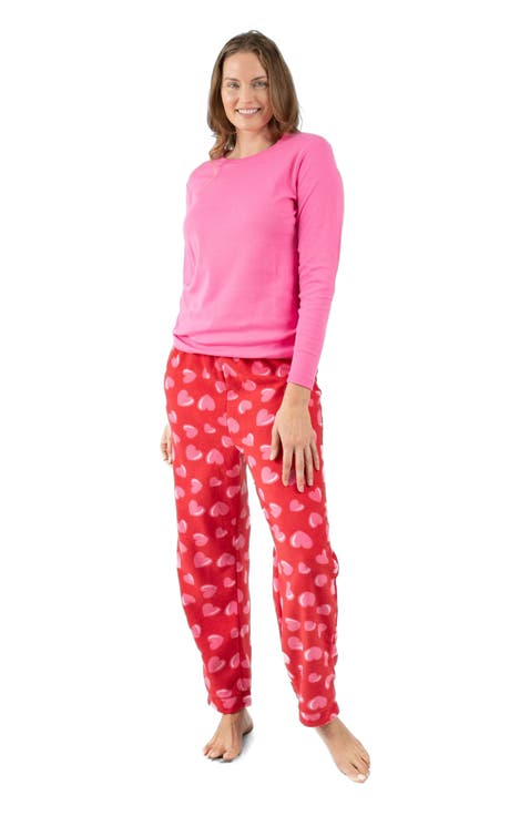 Women's Cotton Top & Fleece Pants Printed Matching Family Holiday Pajama Set (XS-XL)