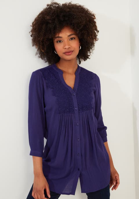 Crochet Trim Pintuck Shirt