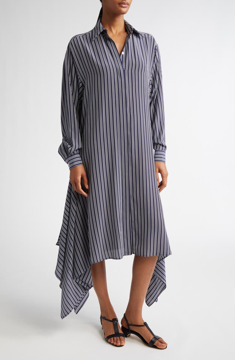 Michael Kors Collection Cascade Stripe Long Sleeve Silk Crêpe de Chine Shirtdress, Alternate, color, Maritime/ Optic White