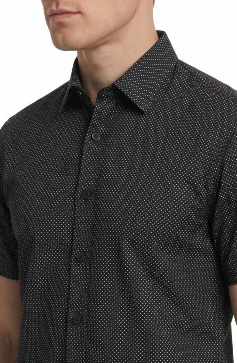 Report Collection Geo Print Short Sleeve Stretch Button-Up Shirt, Alternate, color, Black