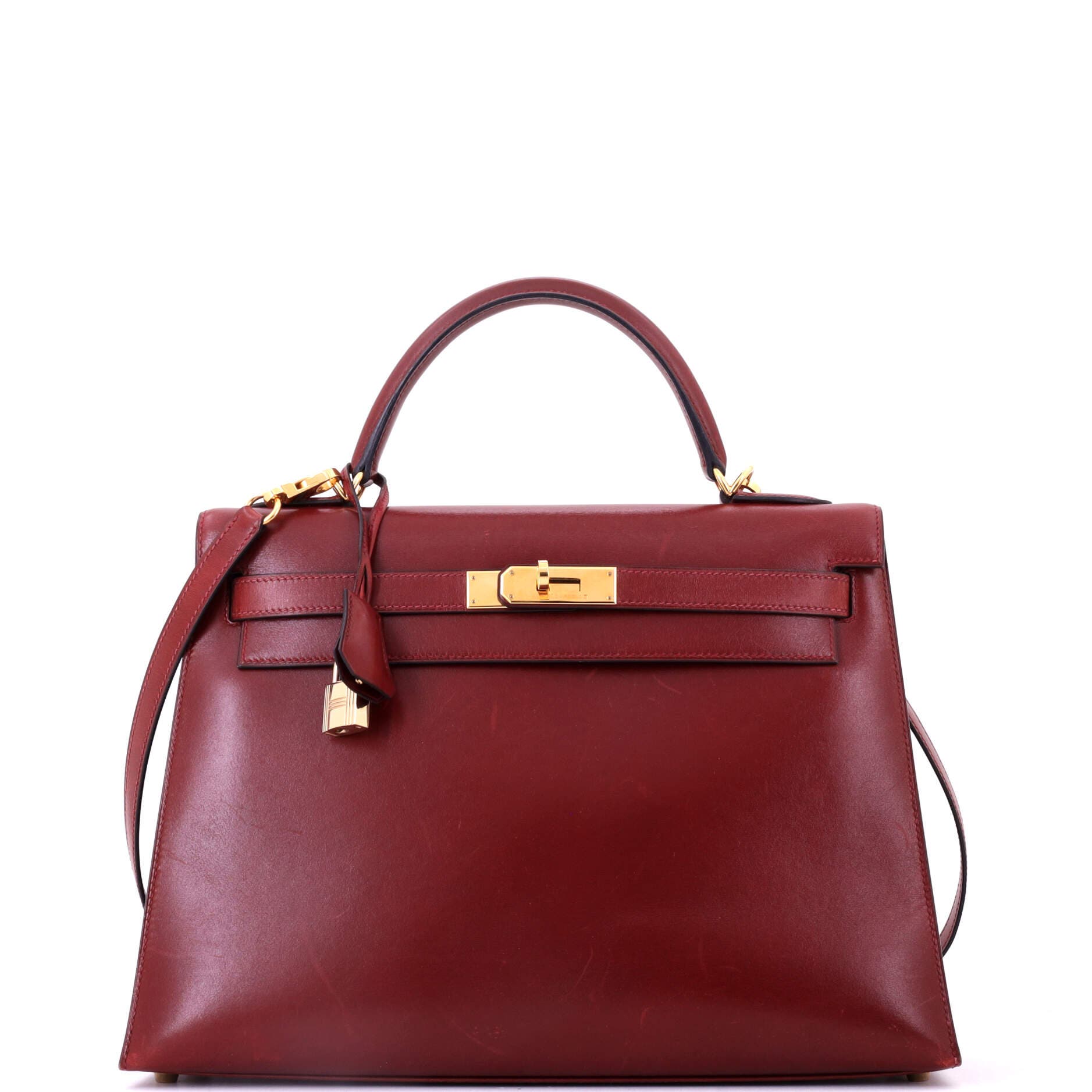 Pre-Owned Hermes Kelly Handbag Red Box Calf with Gold Hardware 32, Main, color, Rouge H