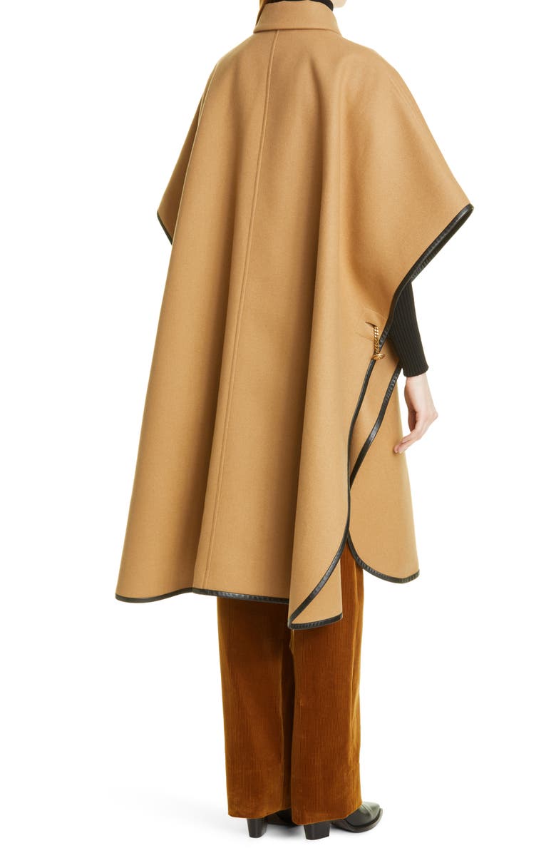 Saint Laurent Cashmere & Wool Cape with Leather Trim, Alternate, color,