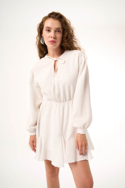 Collar Tied Smocked Dress - Ecru