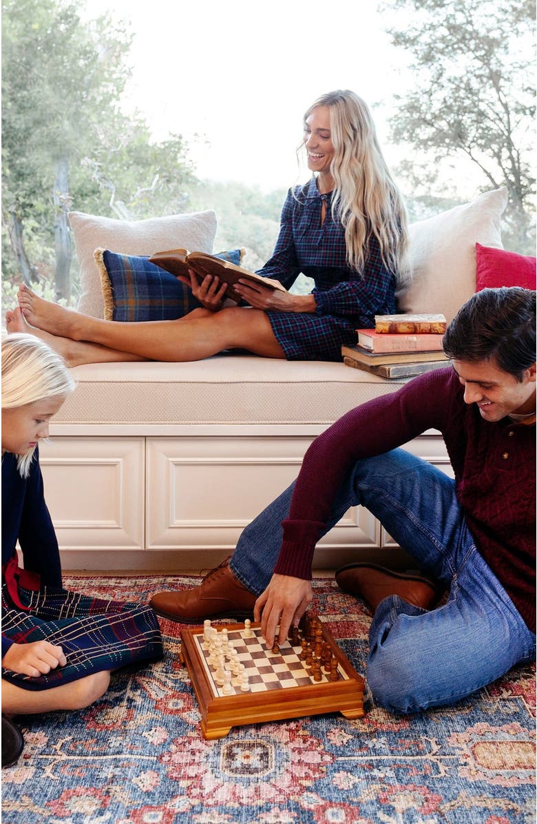 Hope & Henry Women's Smocked Keyhole Dress, Alternate, color, Navy Holiday Check