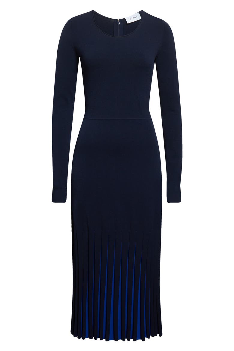 Pleated Hem Long Sleeve Sweater Dress, Alternate, color, NAVY/ COBALT