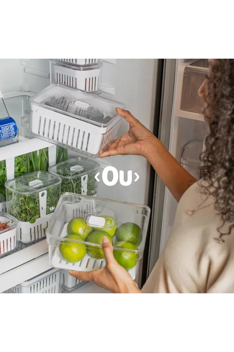 Clear Stackable Fridge Organizer Bins with Drain Basket, Flat Tray and Vented Lids, 2 Pack - 2.3 Quart Each, Alternate, color, Clear with White Drainer