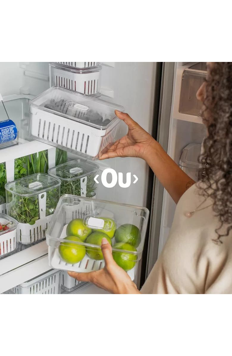 OU Clear Stackable Fridge Organizer Bin with Removable Drain Tray and Vented Lid, 2 Pack (2.9 Quart + 5.3 Quart Sizes, Alternate, color, Clear With White Drainer