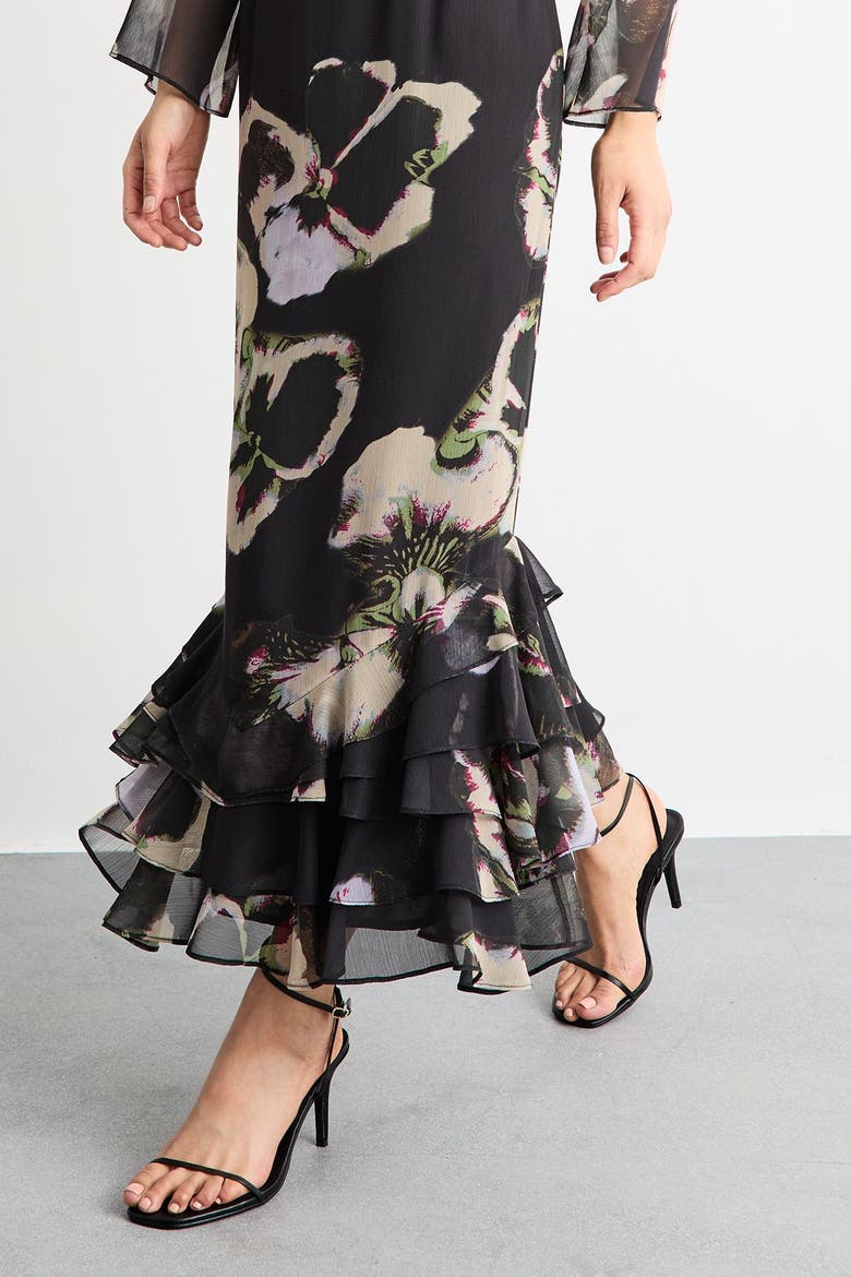 Printed Scoop Neck Ruffle Hem Midi Dress, Alternate, color, Floral