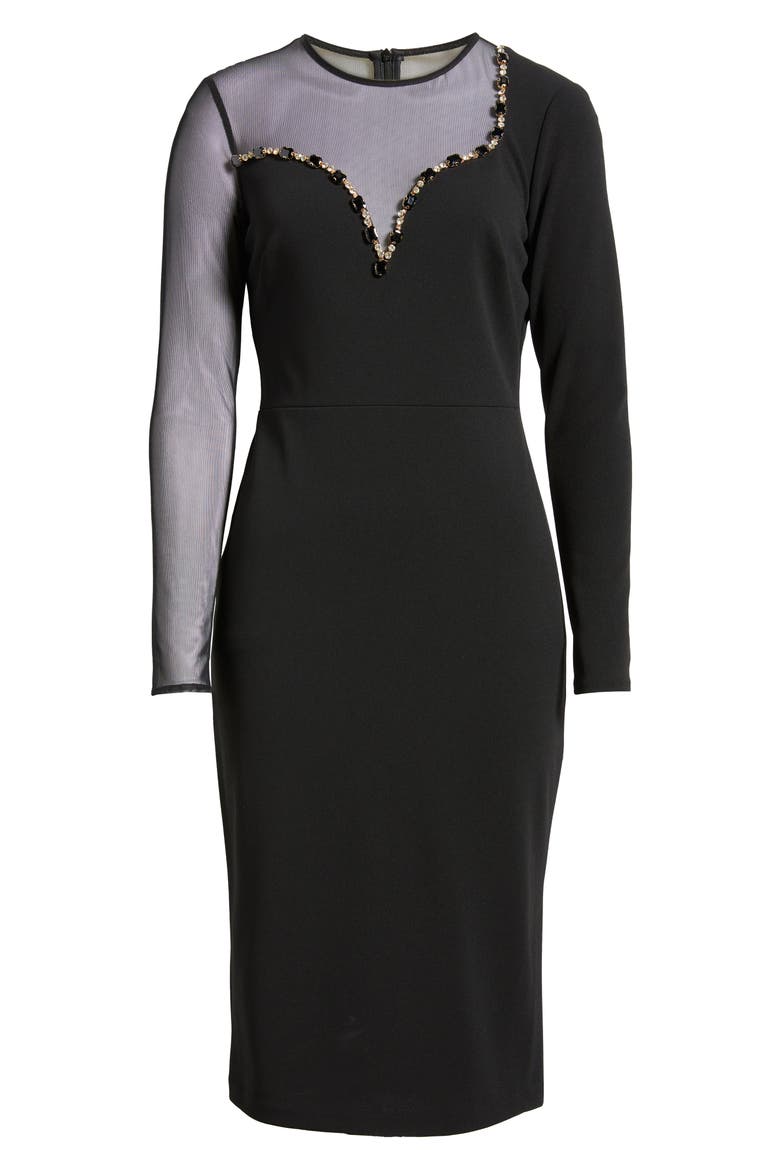 Long Sleeve Beaded Crepe Midi Dress, Alternate, color, BLACK