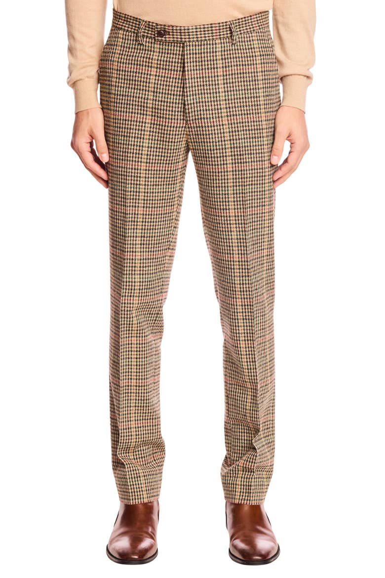 Downing Slim Fit Flat Front Houndstooth Wool Blend Dress Pants, Main, color, GREEN MULTI HOUNDSTOOTH