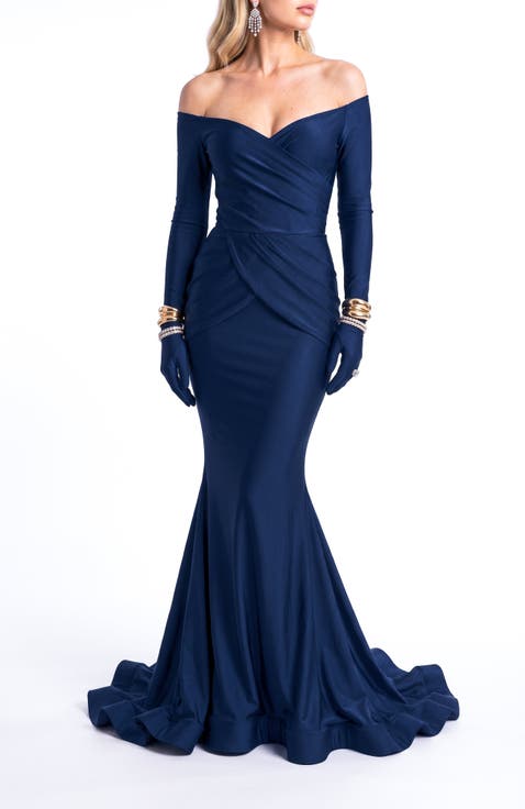 Off-the-Shoulder Draped Long Sleeve Mermaid Evening Gown