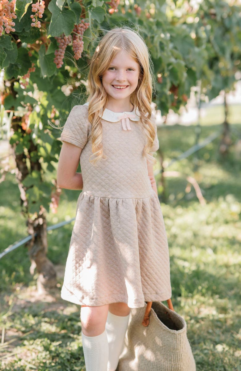 Hope & Henry Kids' Short Sleeve Quilted Dress with Eyelet Collar, Alternate, color, Camel Heather Quilted