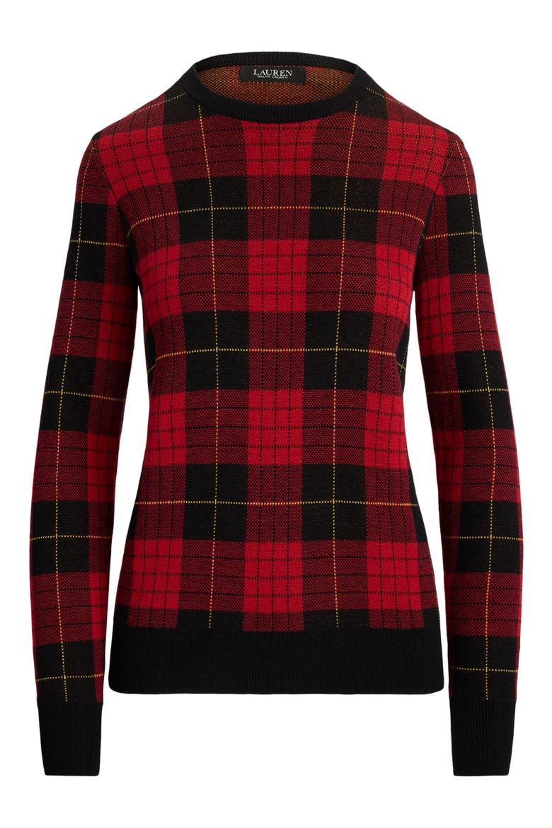 Plaid Crewneck Cotton Blend Sweater, Alternate, color, BLACK/ RED MULTI