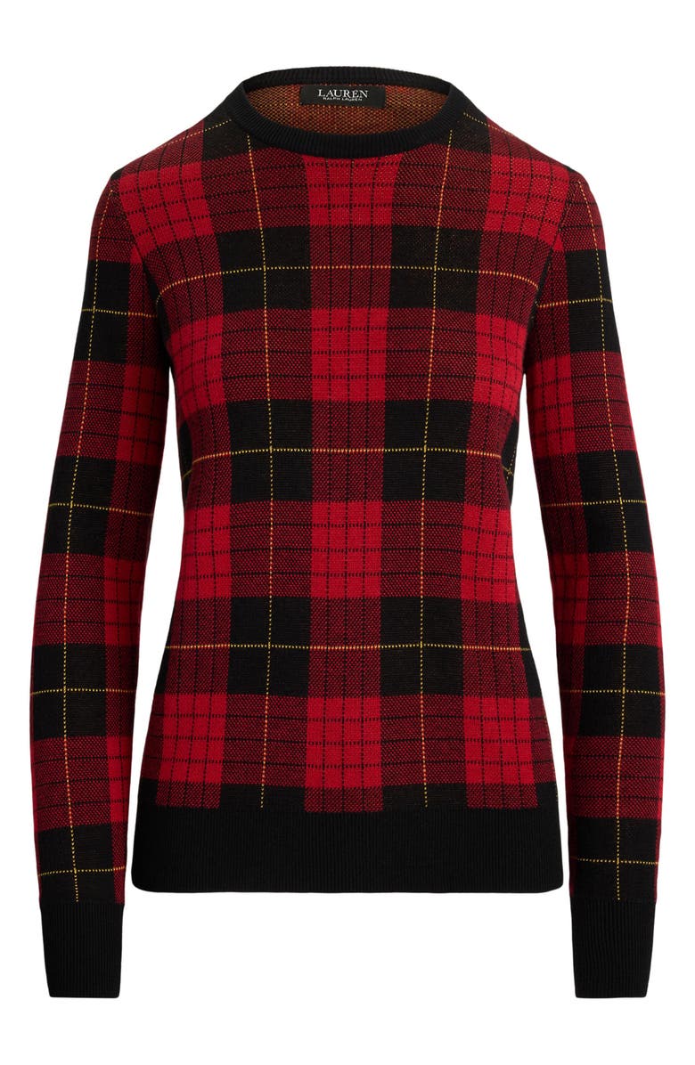 Lauren Ralph Lauren Plaid Crewneck Cotton Blend Sweater, Alternate, color, Black/ Red Multi