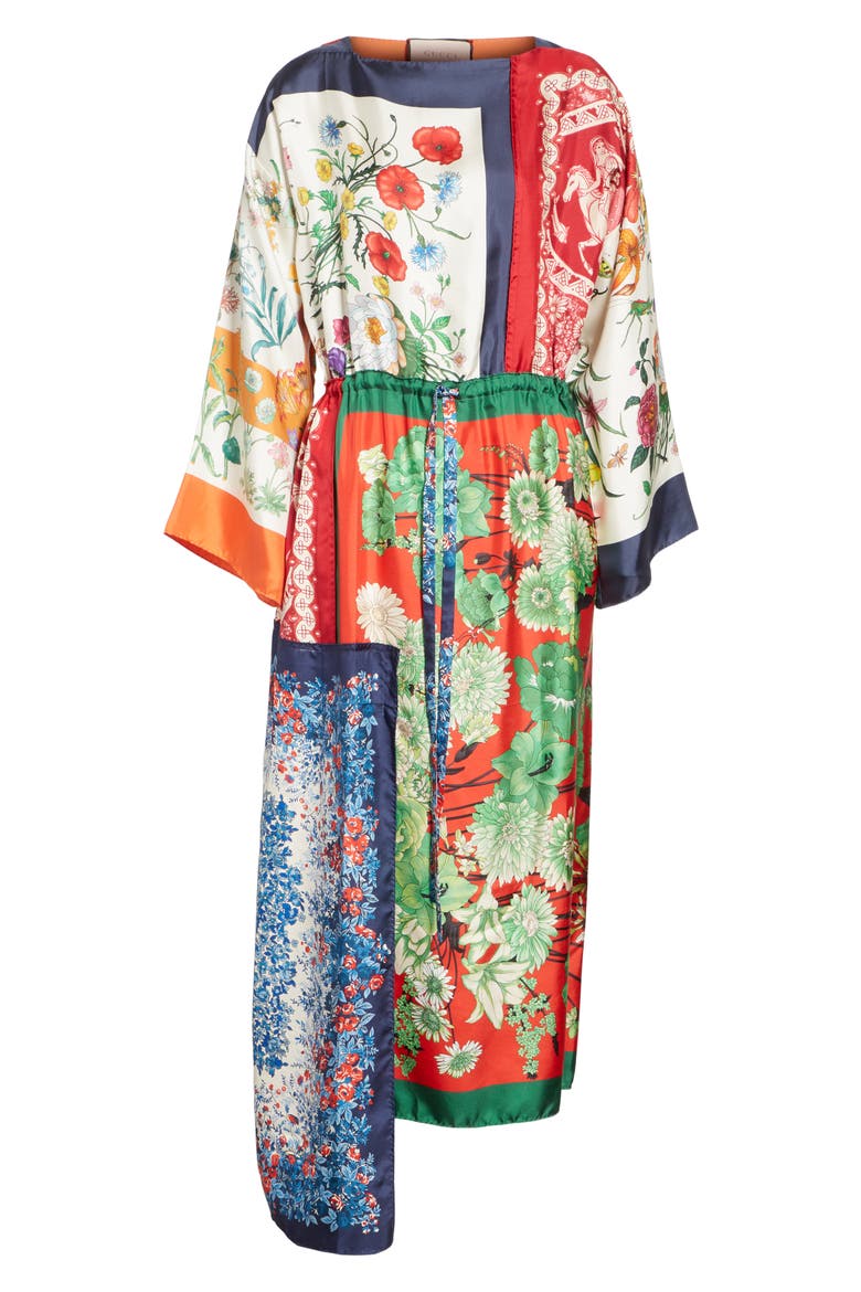 Patchwork Print Asymmetrical Silk Dress, Alternate, color, MULTI