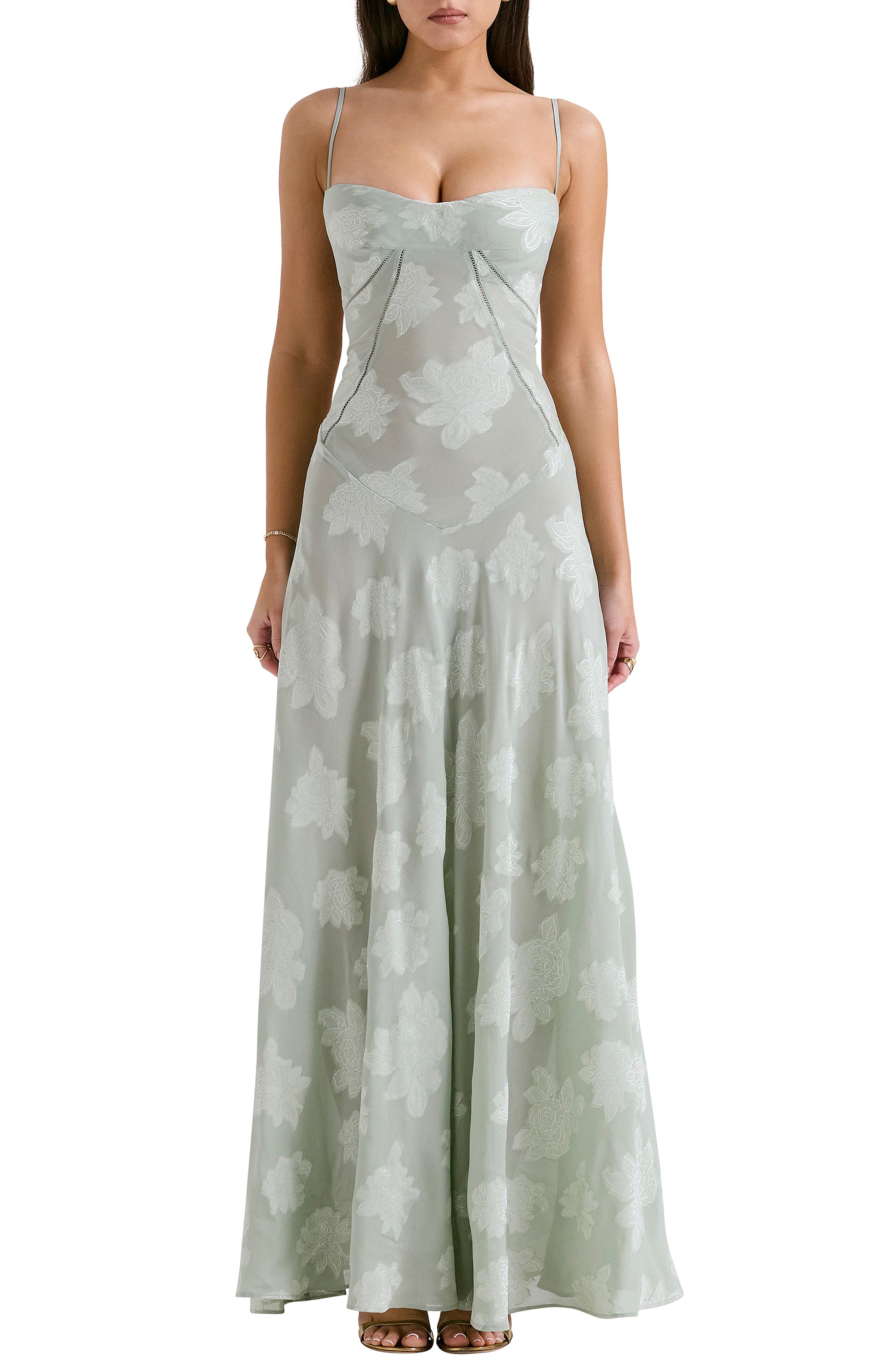 HOUSE OF CB Seren Blush Sheer Lace-Up Back Gown in Aqua at Nordstrom, Size X-Large D