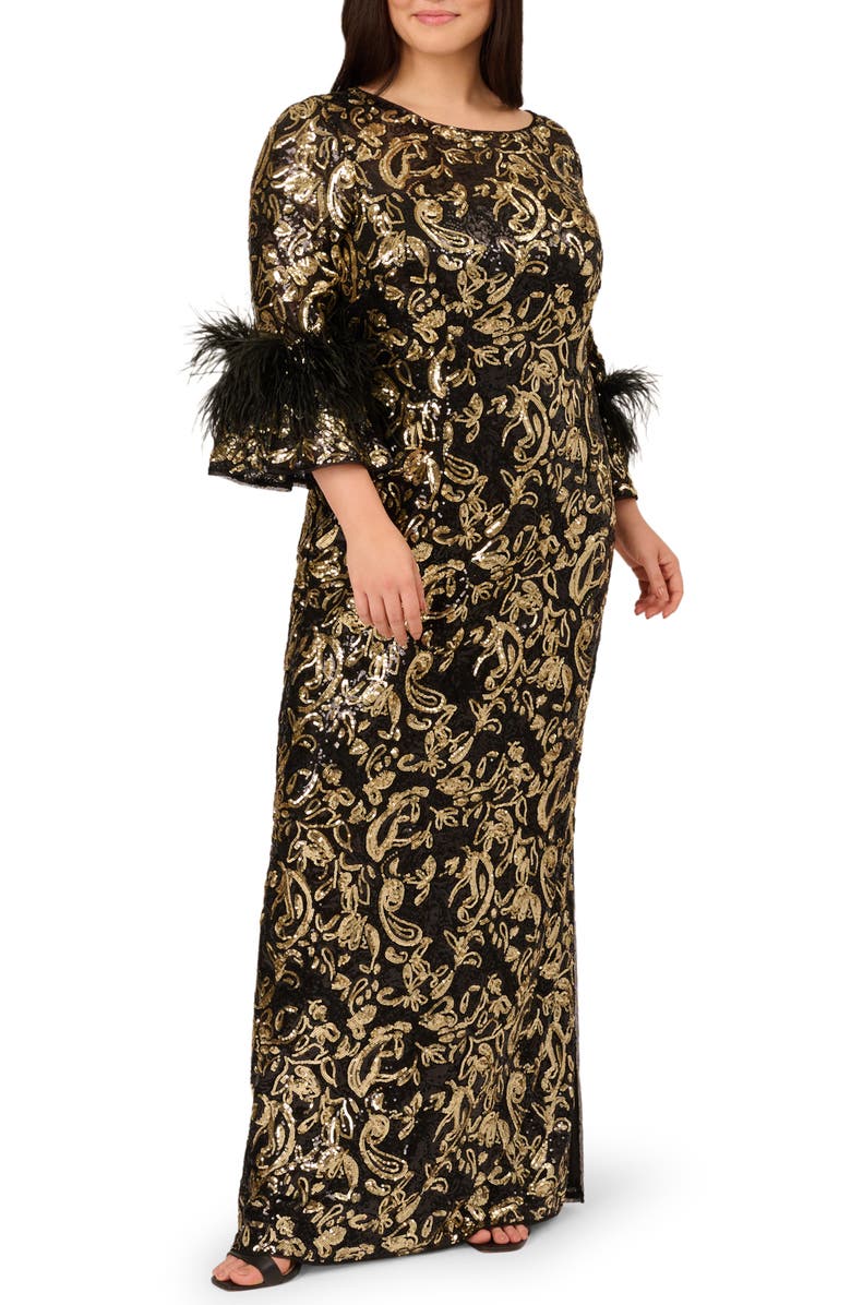 Adrianna Papell Sequin Embroidered Gown, Main, color, Black/ Gold
