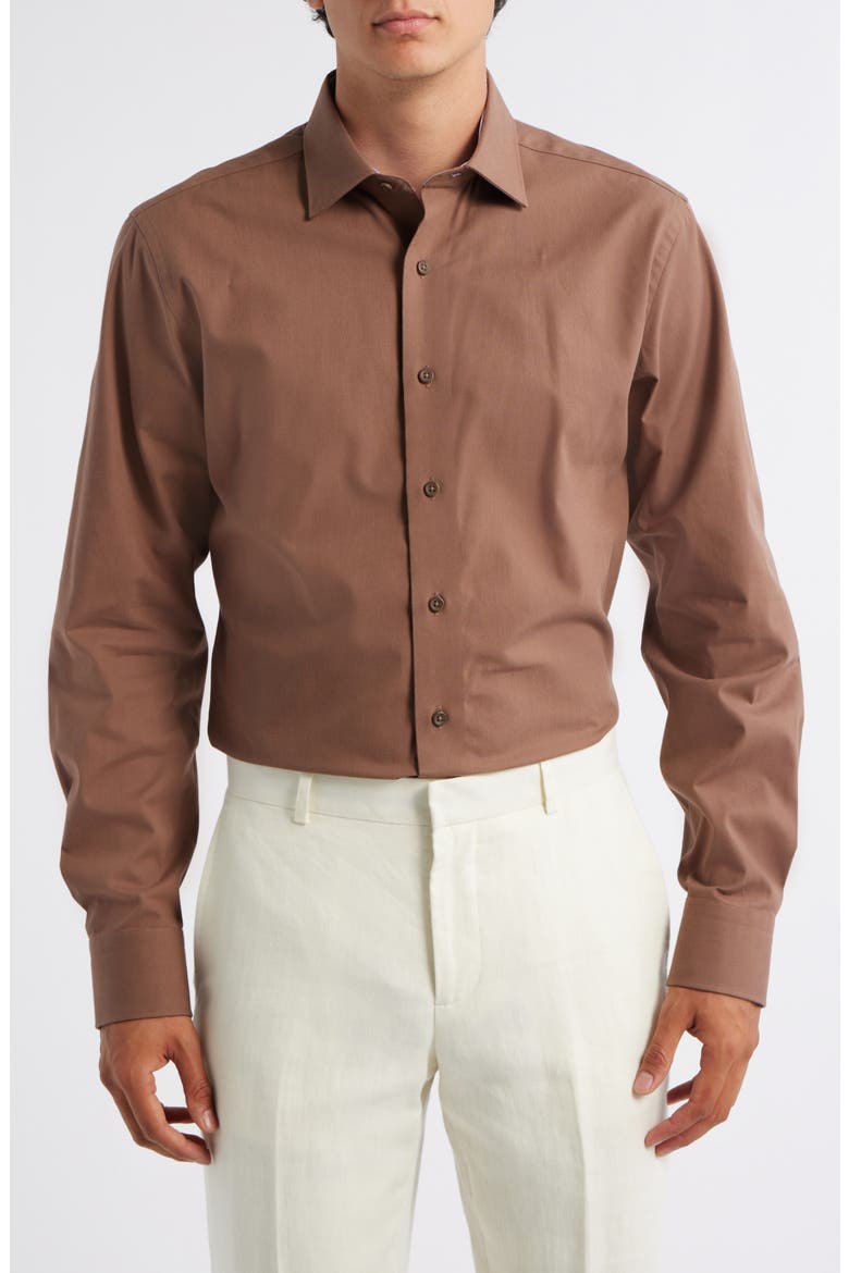 Trim Fit Solid Brown Cotton Dress Shirt, Main, color, COFFEE