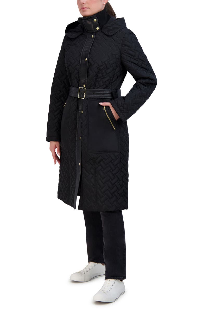 Cole Haan Leather Trim Hooded Quilted Coat, Alternate, color, Black