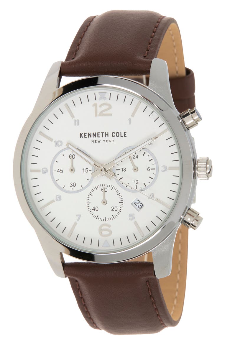 Men's Quartz Multifunction Leather Strap Watch, 50mm, Main, color, BROWN