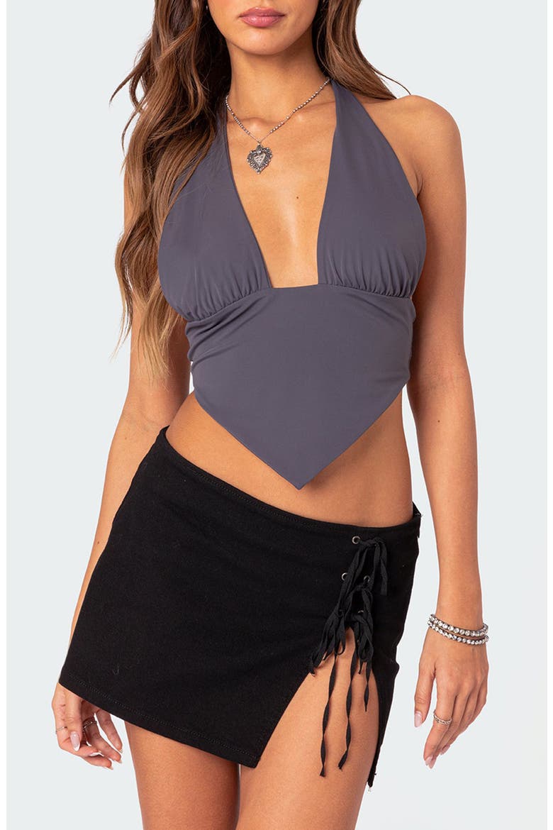 Open Back Triangle Halter Top, Main, color, DARK-GRAY