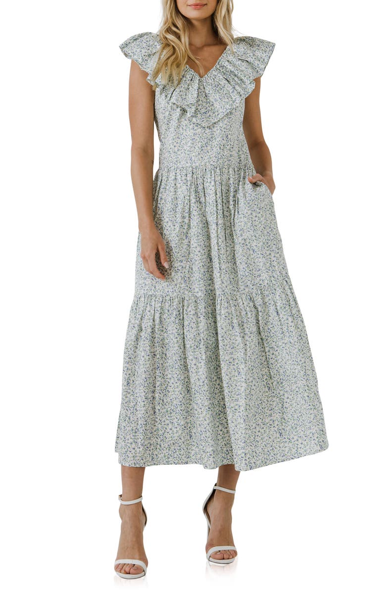 English Factory Floral Ruffle Tiered Midi Dress, Main, color, Blue Multi