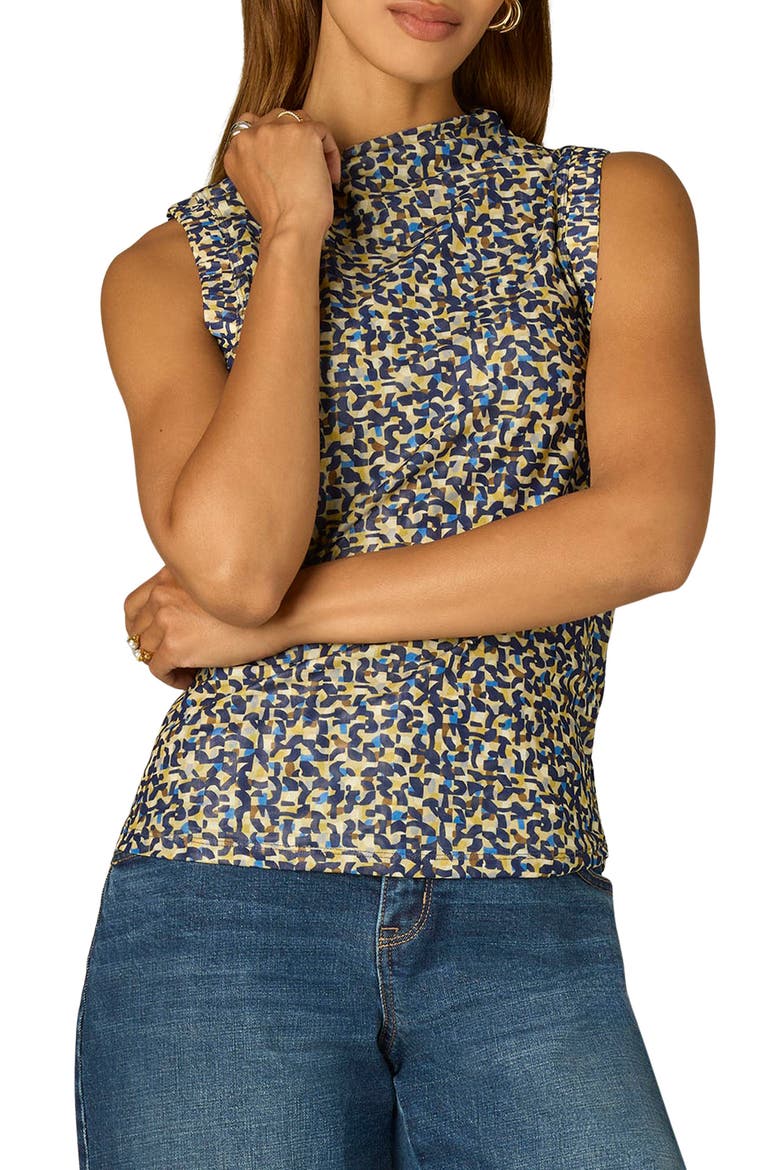 Print Mock Neck Sleeveless Top, Main, color, NAVY/ CHARTREUSE