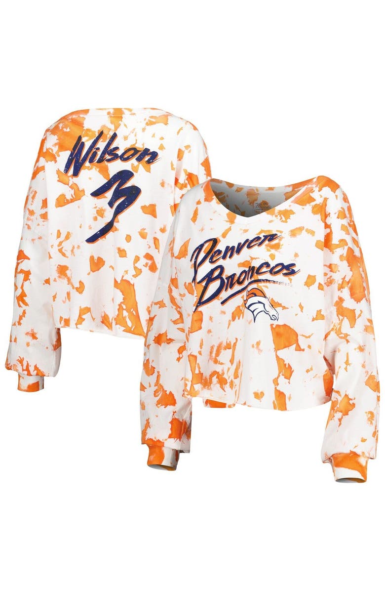Majestic Threads Women's Majestic Threads Russell Wilson White/Orange Denver Broncos Off-Shoulder Tie-Dye Name & Number Cropped Long Sleeve V-Neck T-Shirt, Main, color,