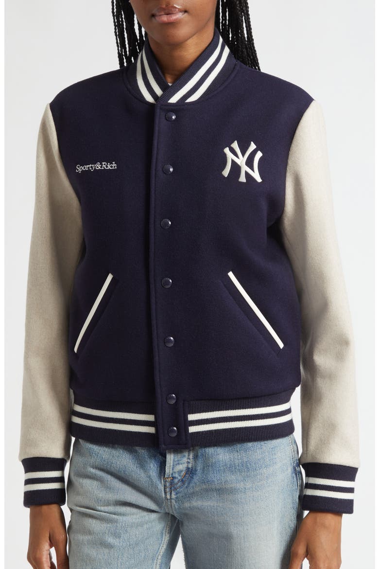 Homerun New York Yankees Wool Varsity Jacket, Alternate, color, DARK NAVY/ CREAM