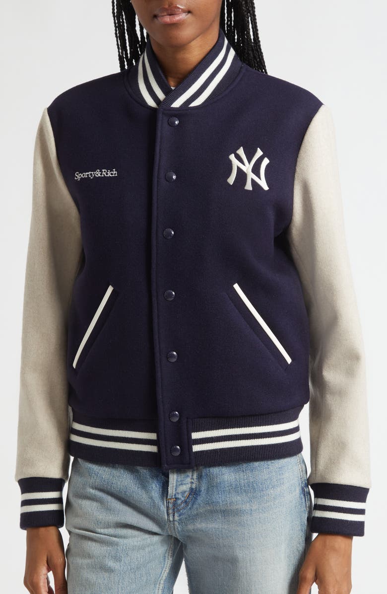 Sporty & Rich Homerun New York Yankees Wool Varsity Jacket, Alternate, color, Dark Navy/ Cream