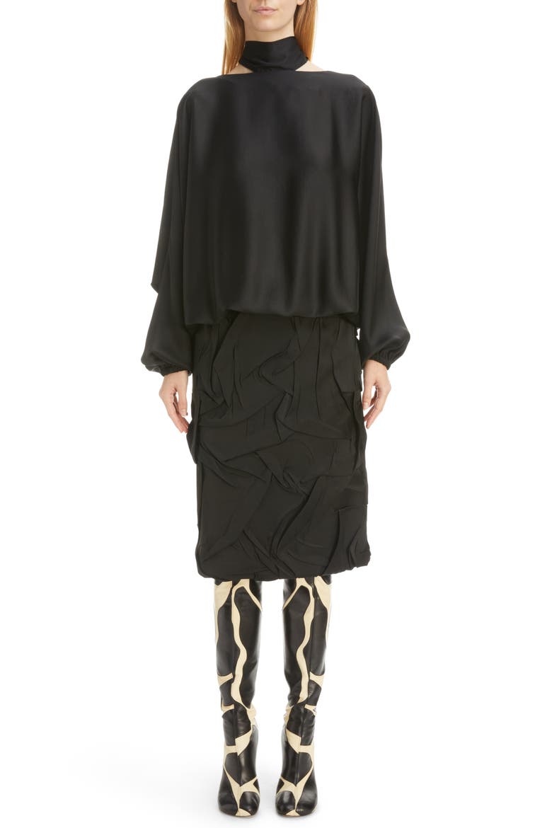Dostas Long Sleeve Tie Neck Dress, Main, color, BLACK
