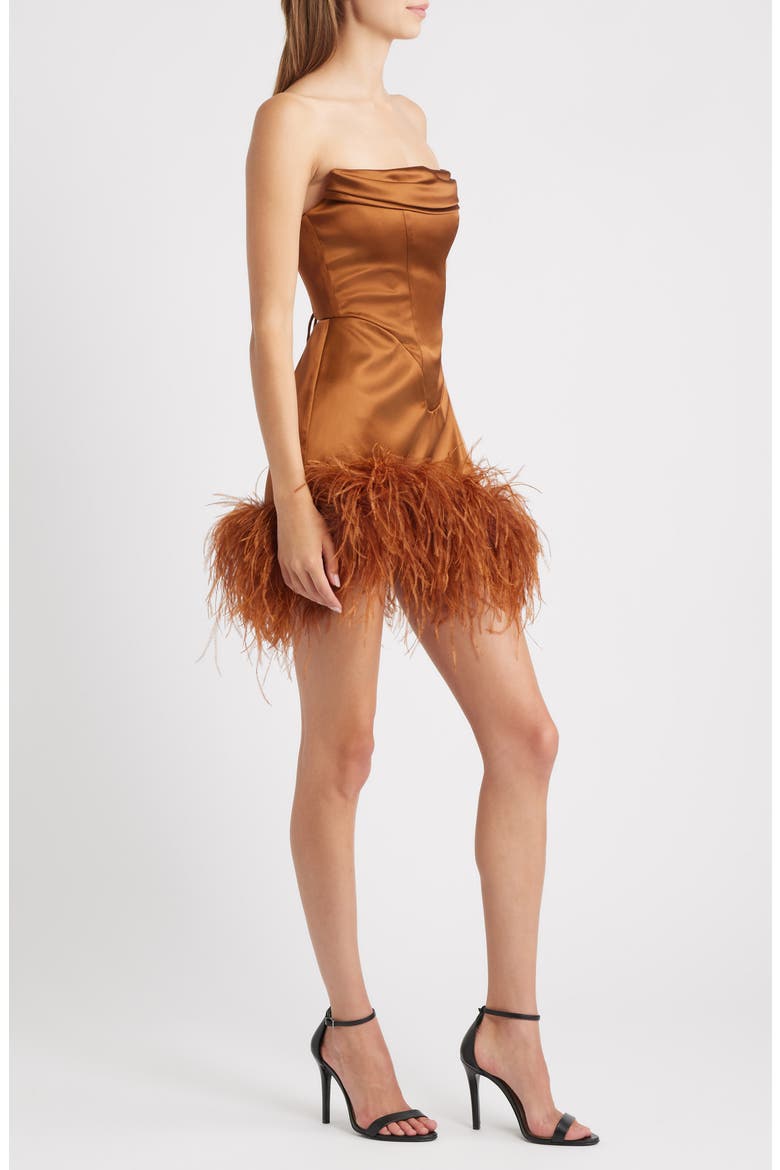Adrienne Ostrich Feather Hem Strapless Satin Cocktail Minidress, Alternate, color, BRONZE