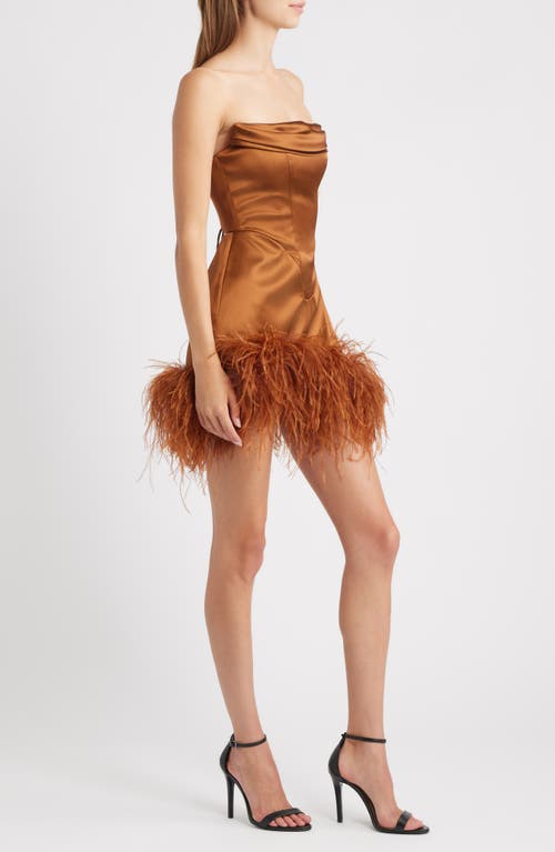 Delfi Collective Adrienne Ostrich Feather Hem Strapless Satin Cocktail Minidress In Brown