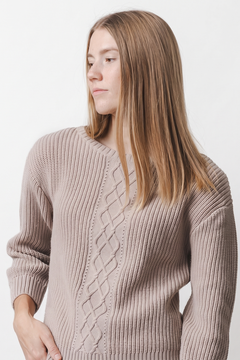 Women's Organic Boatneck Cable Sweater, Alternate, color, Taupe Heather