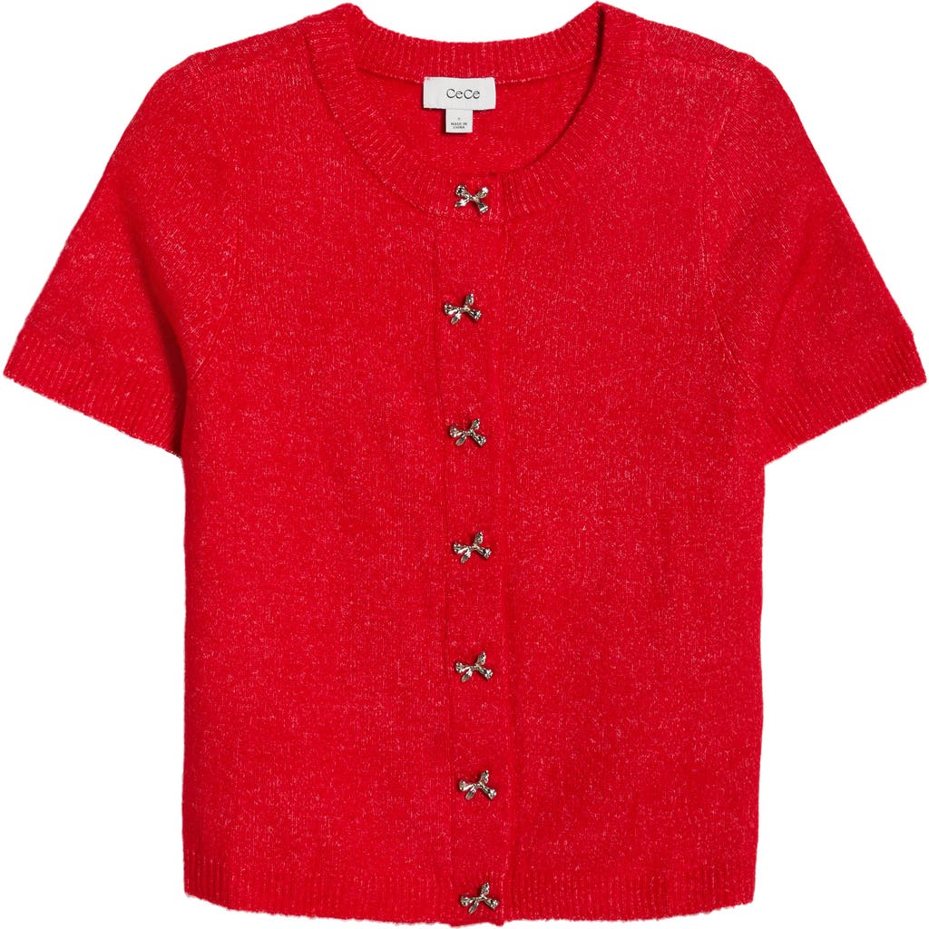 Cece Short Sleeve Bow Button Cardigan In Red