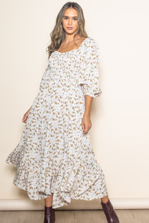 Floral Smocked Handkerchief Hem Maxi Dress