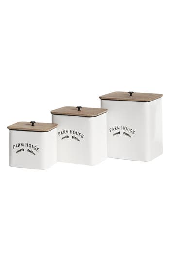 Uma Farmhouse Set Of 3 Metal Canisters In White
