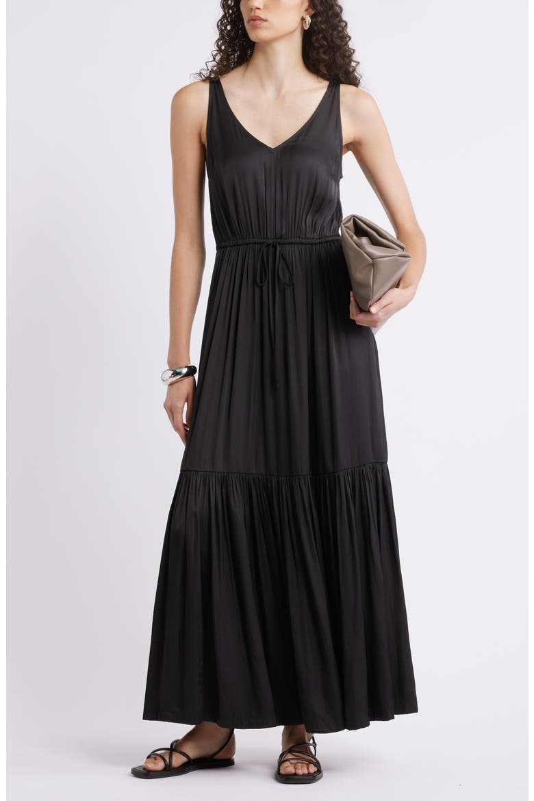 Sleeveless Satin V-Neck Maxi Dress, Alternate, color, BLACK