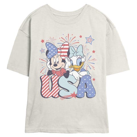 Junior's Minnie And Daisy American Duo Short Sleeve Skimmer T-shirt