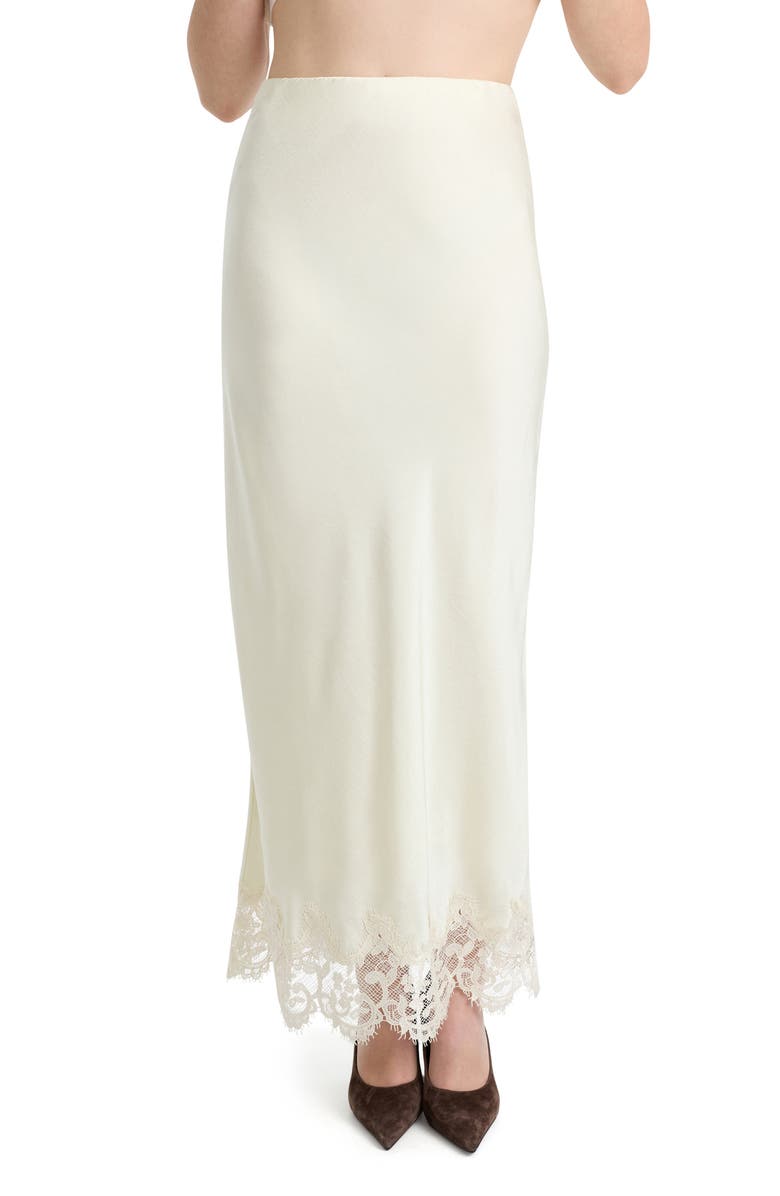 Bardot Elisan Lace Trim Satin Midi Skirt, Alternate, color, Ivory
