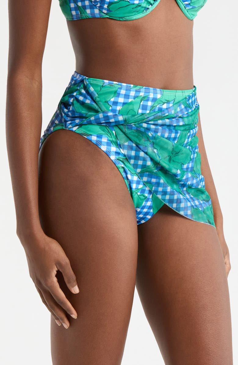 Hutch Mesh Overlay High Waist Bikini Bottoms, Alternate, color, Cobalt/ Teal Floral