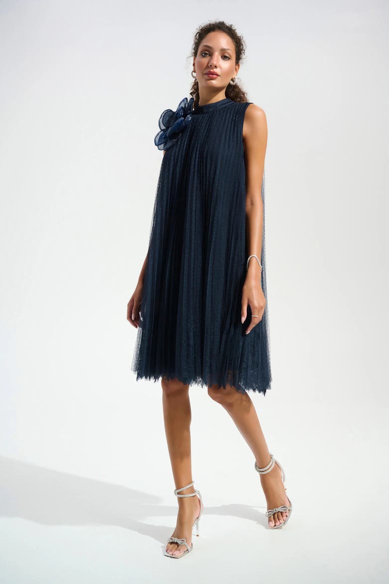 Signature | Mesh And Lace A-Line Dress With Organza Flower Detail, Alternate, color, Midnight Blue